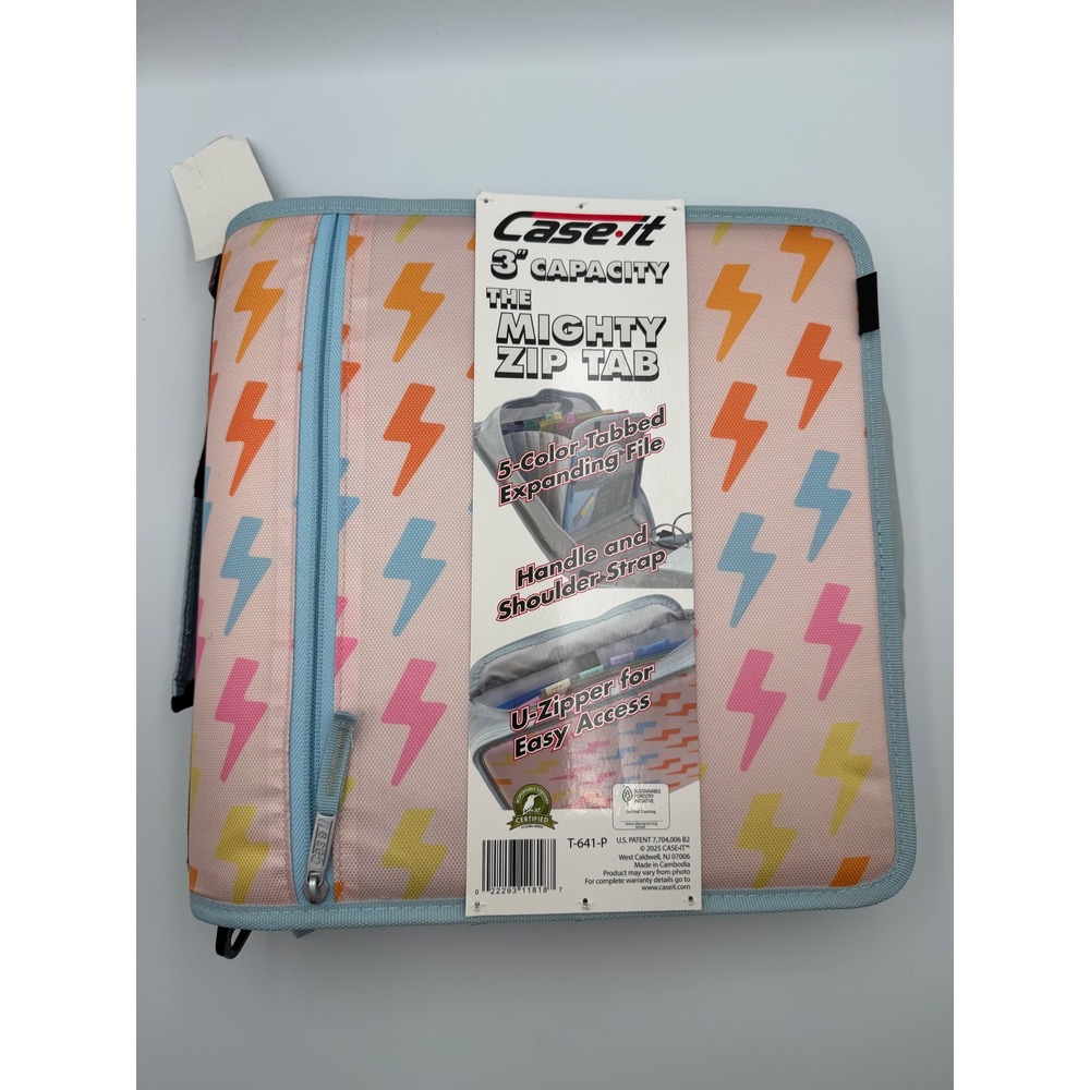 Case-it Mighty Zip Tab 3" Zipper Binder Pink Lightning Bolt 5-Tab File NWT